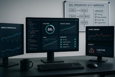 Moderner Entwicklerarbeitsplatz mit mehreren digitalen Bildschirmen, die Webseitenleistung, Crawl-Analysen und Echtzeit-Benachrichtigungen darstellen, mit Whiteboard im Hintergrund.