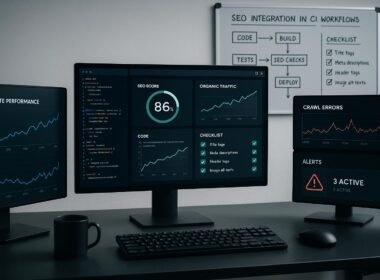 Moderner Entwicklerarbeitsplatz mit mehreren digitalen Bildschirmen, die Webseitenleistung, Crawl-Analysen und Echtzeit-Benachrichtigungen darstellen, mit Whiteboard im Hintergrund.