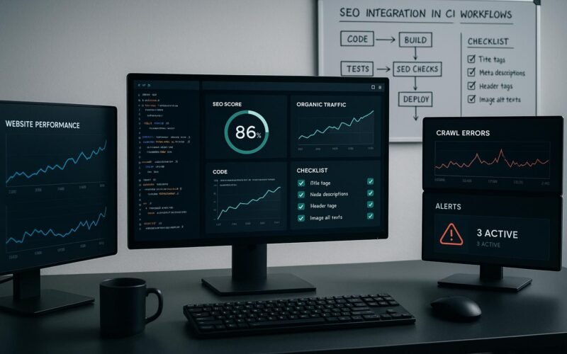 Moderner Entwicklerarbeitsplatz mit mehreren digitalen Bildschirmen, die Webseitenleistung, Crawl-Analysen und Echtzeit-Benachrichtigungen darstellen, mit Whiteboard im Hintergrund.