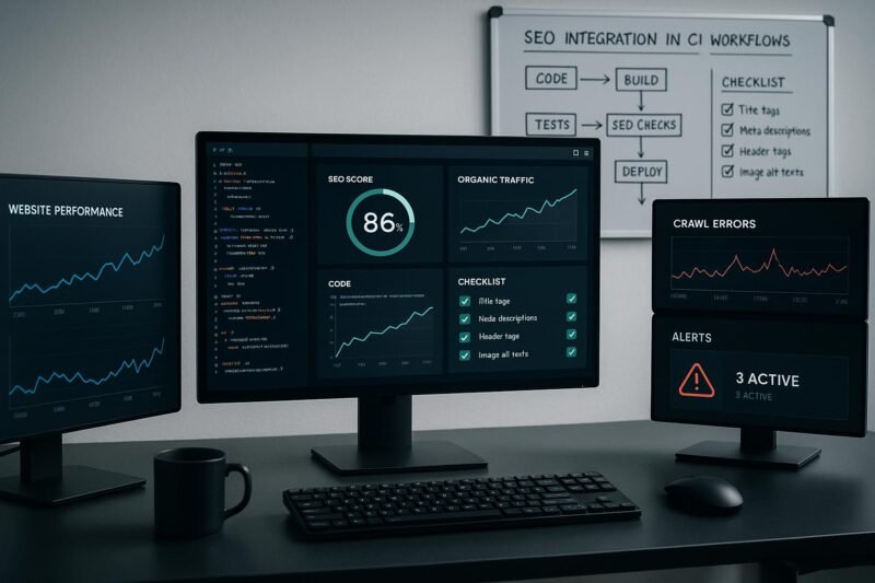 Moderner Entwicklerarbeitsplatz mit mehreren digitalen Bildschirmen, die Webseitenleistung, Crawl-Analysen und Echtzeit-Benachrichtigungen darstellen, mit Whiteboard im Hintergrund.