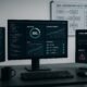 Moderner Entwicklerarbeitsplatz mit mehreren digitalen Bildschirmen, die Webseitenleistung, Crawl-Analysen und Echtzeit-Benachrichtigungen darstellen, mit Whiteboard im Hintergrund.