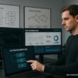 Geschäftsmann arbeitet an Touchscreen in einem High-Tech-Büro mit Monitoren, Whiteboards und digitalen Dashboards zur SEO-Optimierung.