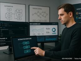 Geschäftsmann arbeitet an Touchscreen in einem High-Tech-Büro mit Monitoren, Whiteboards und digitalen Dashboards zur SEO-Optimierung.