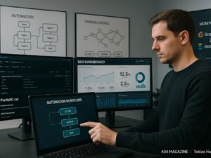 Geschäftsmann arbeitet an Touchscreen in einem High-Tech-Büro mit Monitoren, Whiteboards und digitalen Dashboards zur SEO-Optimierung.