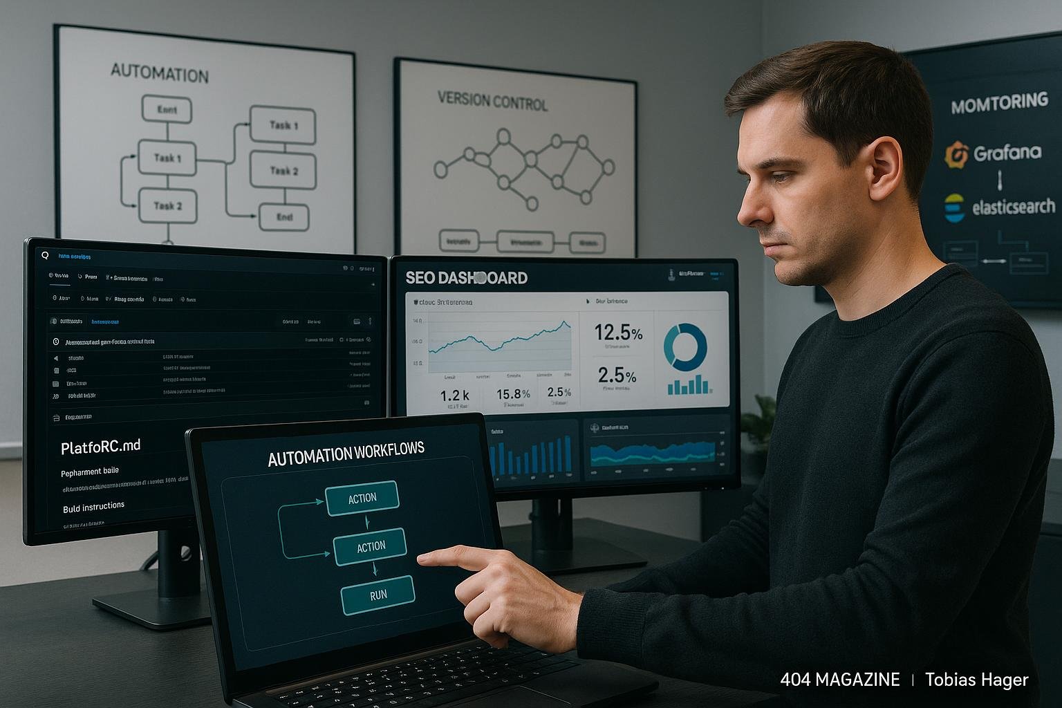 Geschäftsmann arbeitet an Touchscreen in einem High-Tech-Büro mit Monitoren, Whiteboards und digitalen Dashboards zur SEO-Optimierung.