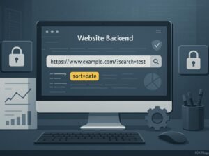 Modernes Büro mit Computer, Charts, Vorhängeschlössern und Zahnrädern, die Cybersicherheit und technische Maßnahmen symbolisieren, im Hintergrund Serverracks und digitale Codes