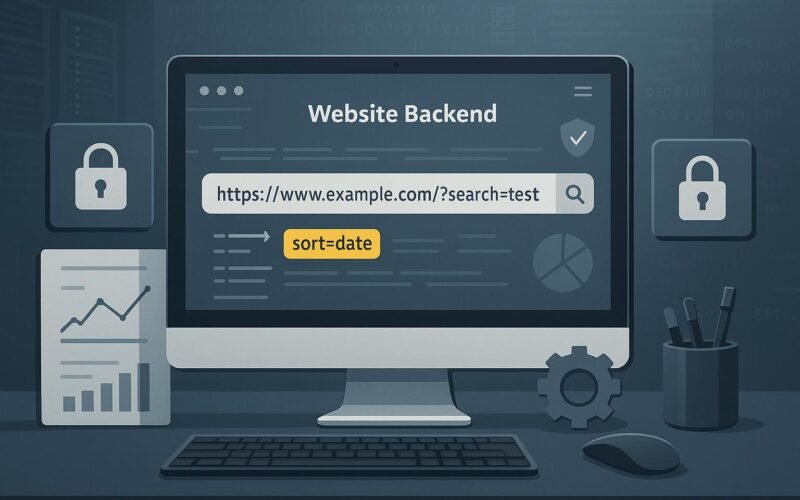 Modernes Büro mit Computer, Charts, Vorhängeschlössern und Zahnrädern, die Cybersicherheit und technische Maßnahmen symbolisieren, im Hintergrund Serverracks und digitale Codes