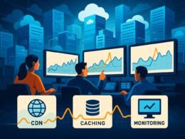 Dynamisches Rechenzentrum mit elastischen Cloud-Servern, Traffic-Statistiken, Diagrammen für CDN, Caching und Monitoring, visualisiert Effizienz und technisches Know-how