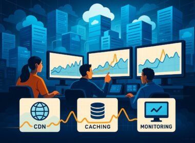 Dynamisches Rechenzentrum mit elastischen Cloud-Servern, Traffic-Statistiken, Diagrammen für CDN, Caching und Monitoring, visualisiert Effizienz und technisches Know-how