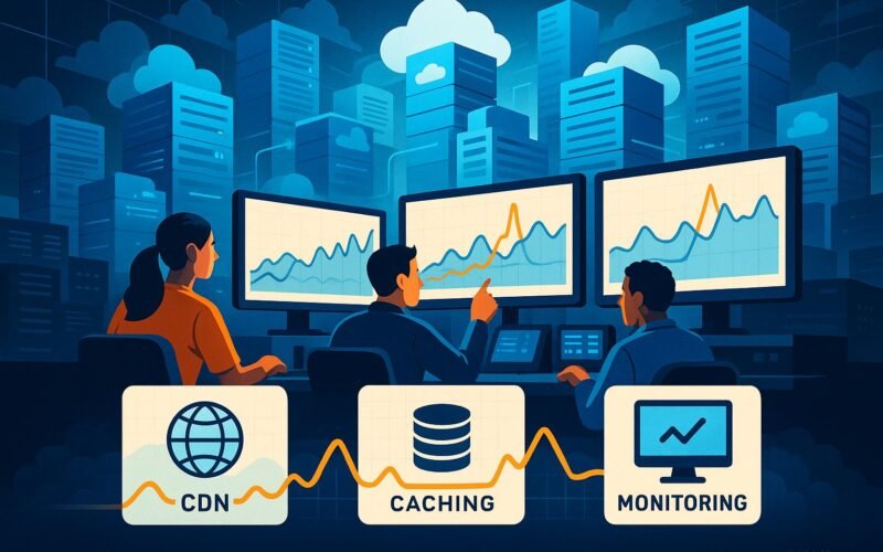 Dynamisches Rechenzentrum mit elastischen Cloud-Servern, Traffic-Statistiken, Diagrammen für CDN, Caching und Monitoring, visualisiert Effizienz und technisches Know-how