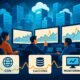 Dynamisches Rechenzentrum mit elastischen Cloud-Servern, Traffic-Statistiken, Diagrammen für CDN, Caching und Monitoring, visualisiert Effizienz und technisches Know-how
