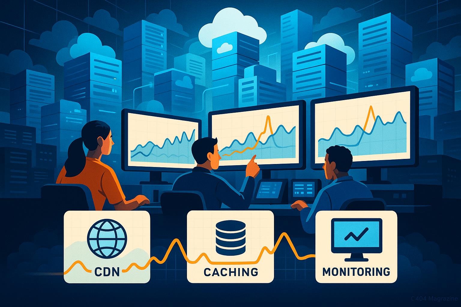 Dynamisches Rechenzentrum mit elastischen Cloud-Servern, Traffic-Statistiken, Diagrammen für CDN, Caching und Monitoring, visualisiert Effizienz und technisches Know-how