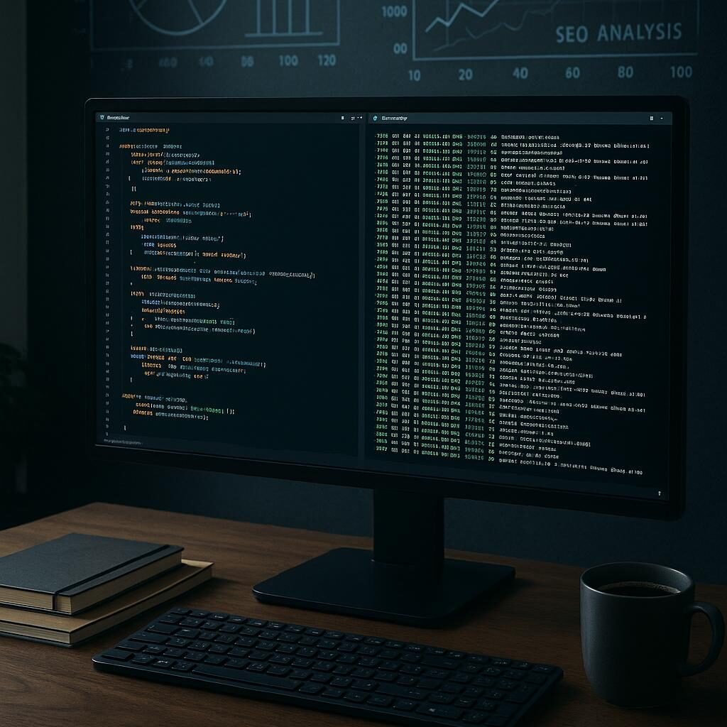 Modernes Büro mit Bildschirm, Code, Script-Logs, Notizbüchern, Kaffetasse und digitalen Diagrammen im Hintergrund