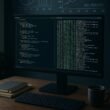 Modernes Büro mit Bildschirm, Code, Script-Logs, Notizbüchern, Kaffetasse und digitalen Diagrammen im Hintergrund