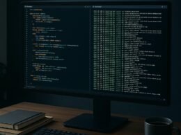 Modernes Büro mit Bildschirm, Code, Script-Logs, Notizbüchern, Kaffetasse und digitalen Diagrammen im Hintergrund