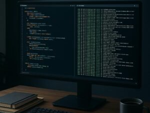 Modernes Büro mit Bildschirm, Code, Script-Logs, Notizbüchern, Kaffetasse und digitalen Diagrammen im Hintergrund