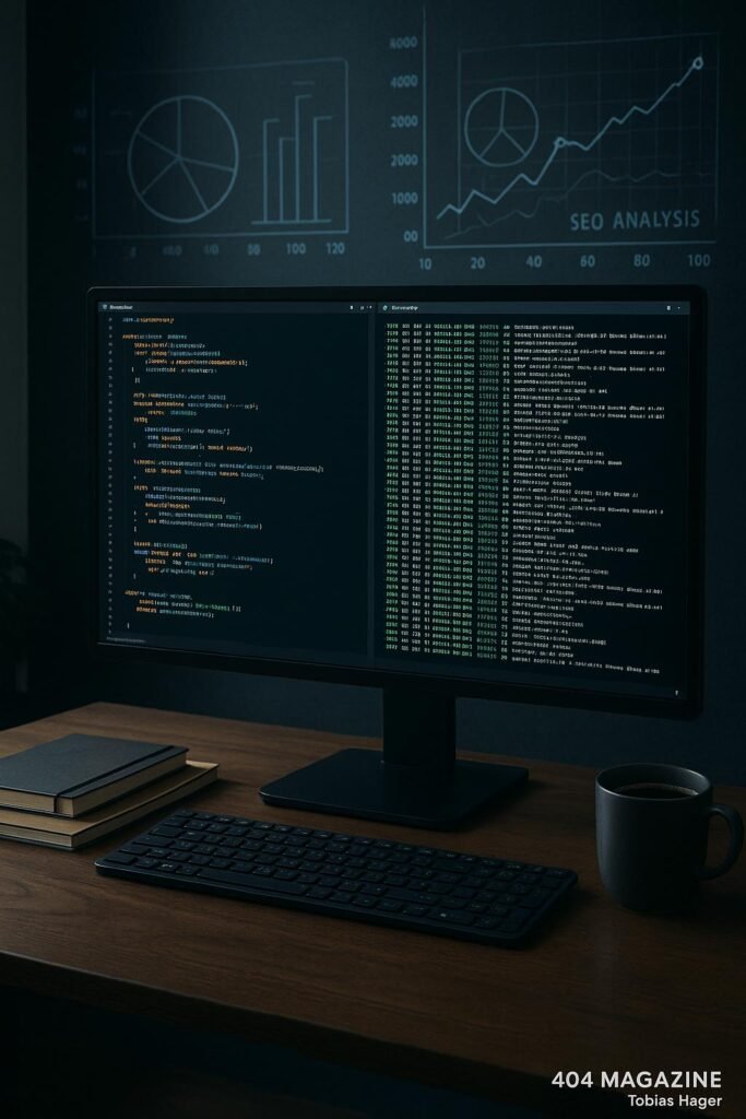 Modernes Büro mit Bildschirm, Code, Script-Logs, Notizbüchern, Kaffetasse und digitalen Diagrammen im Hintergrund