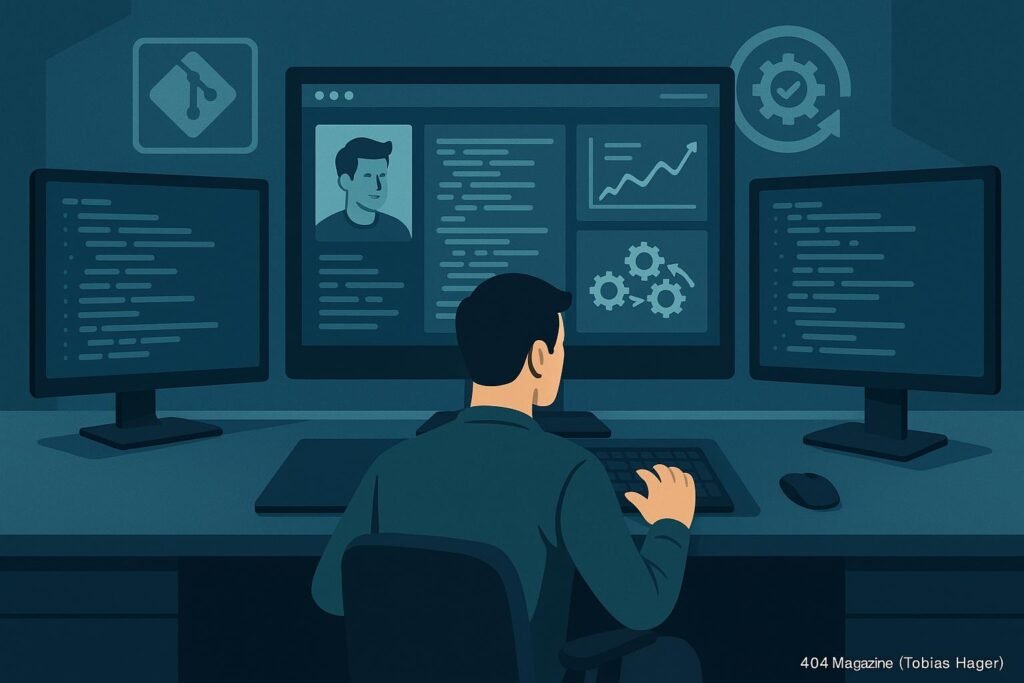 Modernes Büro-Setup mit mehreren Monitoren, Entwickler beim Tippen, Code-Dashboard, Git-Repository-Icons und Automatisierungssymbole, in Blau-, Grau- und Grüntönen