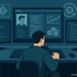 Modernes Büro-Setup mit mehreren Monitoren, Entwickler beim Tippen, Code-Dashboard, Git-Repository-Icons und Automatisierungssymbole, in Blau-, Grau- und Grüntönen