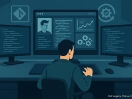 Modernes Büro-Setup mit mehreren Monitoren, Entwickler beim Tippen, Code-Dashboard, Git-Repository-Icons und Automatisierungssymbole, in Blau-, Grau- und Grüntönen