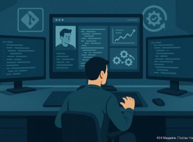 Modernes Büro-Setup mit mehreren Monitoren, Entwickler beim Tippen, Code-Dashboard, Git-Repository-Icons und Automatisierungssymbole, in Blau-, Grau- und Grüntönen