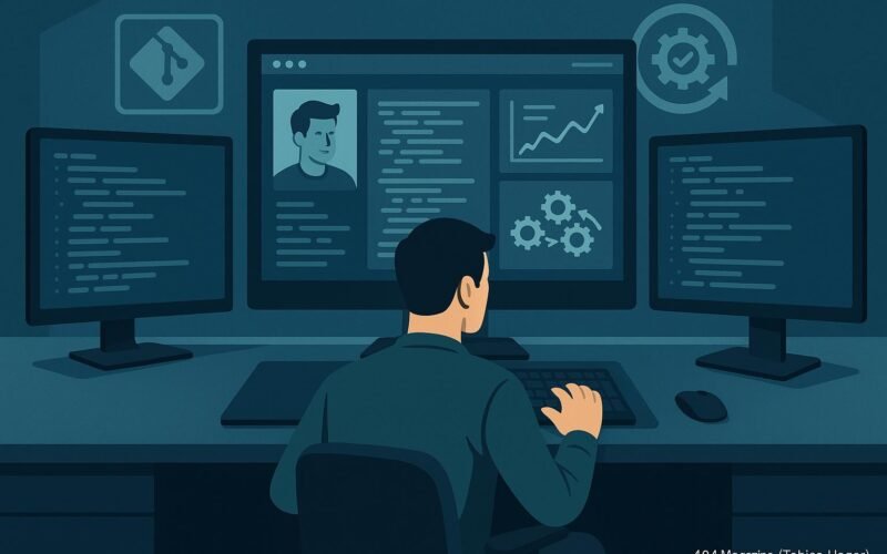 Modernes Büro-Setup mit mehreren Monitoren, Entwickler beim Tippen, Code-Dashboard, Git-Repository-Icons und Automatisierungssymbole, in Blau-, Grau- und Grüntönen