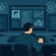 Modernes Büro-Setup mit mehreren Monitoren, Entwickler beim Tippen, Code-Dashboard, Git-Repository-Icons und Automatisierungssymbole, in Blau-, Grau- und Grüntönen