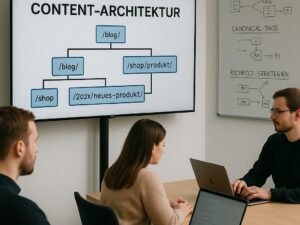 Menschen arbeiten an Laptops in einem modernen Büro mit einem großen Bildschirm, der eine Content-Architektur mit URL-Hierarchien und Versionierungen zeigt, im Hintergrund eine Tafel mit Diagrammen zu Content-Tracking, Canonical-Tags und Redirects.
