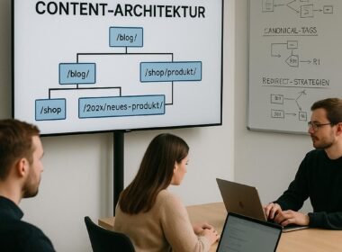Menschen arbeiten an Laptops in einem modernen Büro mit einem großen Bildschirm, der eine Content-Architektur mit URL-Hierarchien und Versionierungen zeigt, im Hintergrund eine Tafel mit Diagrammen zu Content-Tracking, Canonical-Tags und Redirects.