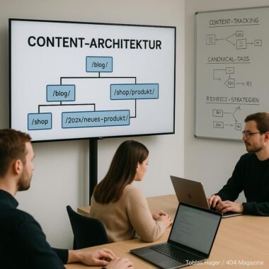 Menschen arbeiten an Laptops in einem modernen Büro mit einem großen Bildschirm, der eine Content-Architektur mit URL-Hierarchien und Versionierungen zeigt, im Hintergrund eine Tafel mit Diagrammen zu Content-Tracking, Canonical-Tags und Redirects.