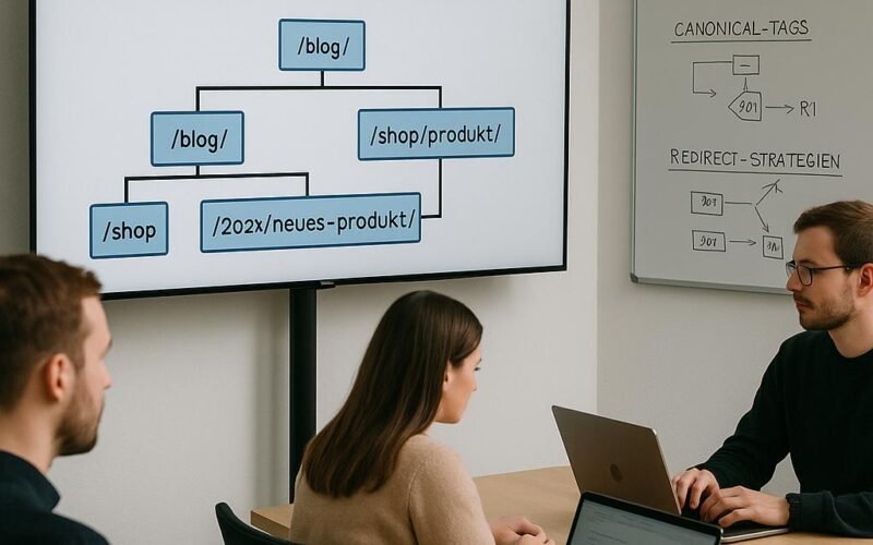 Menschen arbeiten an Laptops in einem modernen Büro mit einem großen Bildschirm, der eine Content-Architektur mit URL-Hierarchien und Versionierungen zeigt, im Hintergrund eine Tafel mit Diagrammen zu Content-Tracking, Canonical-Tags und Redirects.