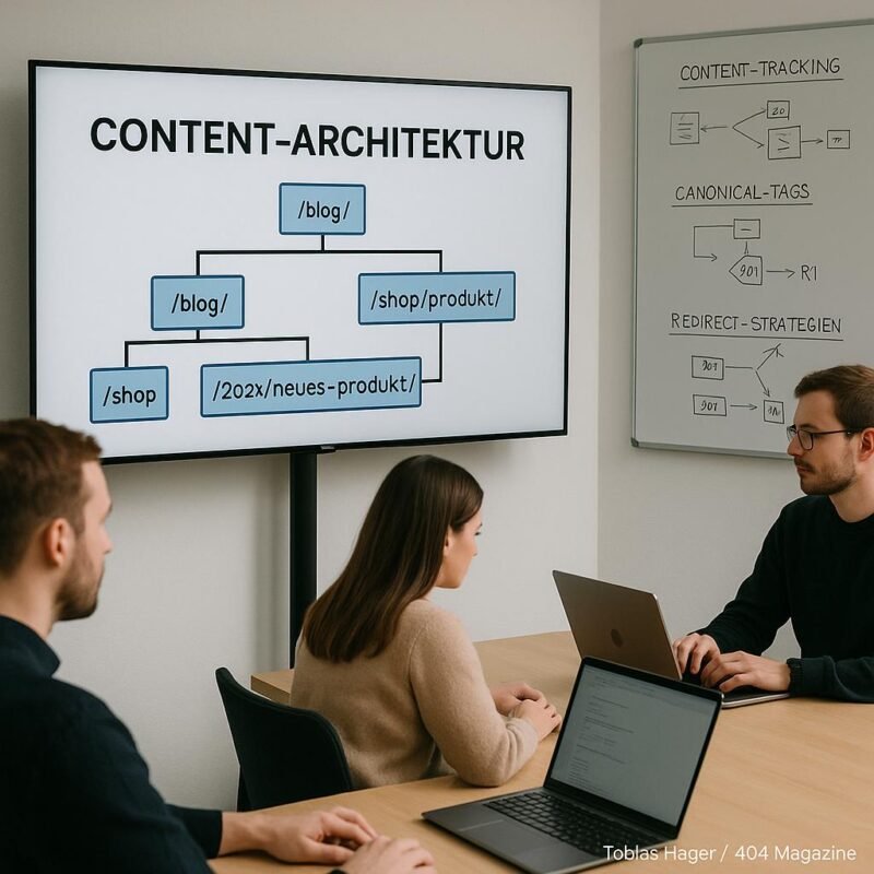 Menschen arbeiten an Laptops in einem modernen Büro mit einem großen Bildschirm, der eine Content-Architektur mit URL-Hierarchien und Versionierungen zeigt, im Hintergrund eine Tafel mit Diagrammen zu Content-Tracking, Canonical-Tags und Redirects.