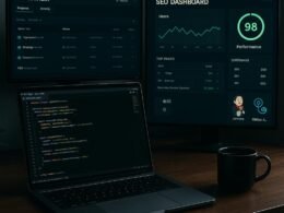 Moderner Entwicklerraum mit Monitoren, Deployment-Tools und SEO-Analysen, inklusive Laptop, Tasse Kaffee und Dashboard-Daten, Credit: 404 Magazine (Tobias Hager)