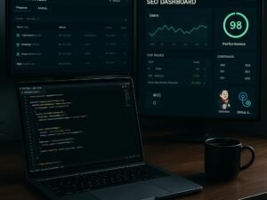 Moderner Entwicklerraum mit Monitoren, Deployment-Tools und SEO-Analysen, inklusive Laptop, Tasse Kaffee und Dashboard-Daten, Credit: 404 Magazine (Tobias Hager)