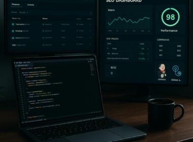 Moderner Entwicklerraum mit Monitoren, Deployment-Tools und SEO-Analysen, inklusive Laptop, Tasse Kaffee und Dashboard-Daten, Credit: 404 Magazine (Tobias Hager)