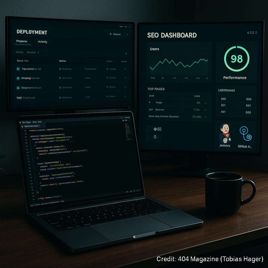 Moderner Entwicklerraum mit Monitoren, Deployment-Tools und SEO-Analysen, inklusive Laptop, Tasse Kaffee und Dashboard-Daten, Credit: 404 Magazine (Tobias Hager)
