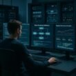 Entwickler in modernem Büro mit großen Monitoren, Serverracks und technischer Infrastruktur
