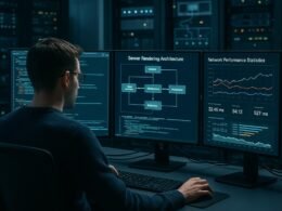 Entwickler in modernem Büro mit großen Monitoren, Serverracks und technischer Infrastruktur