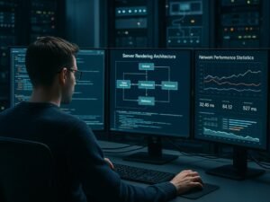 Entwickler in modernem Büro mit großen Monitoren, Serverracks und technischer Infrastruktur