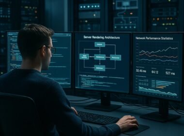 Entwickler in modernem Büro mit großen Monitoren, Serverracks und technischer Infrastruktur