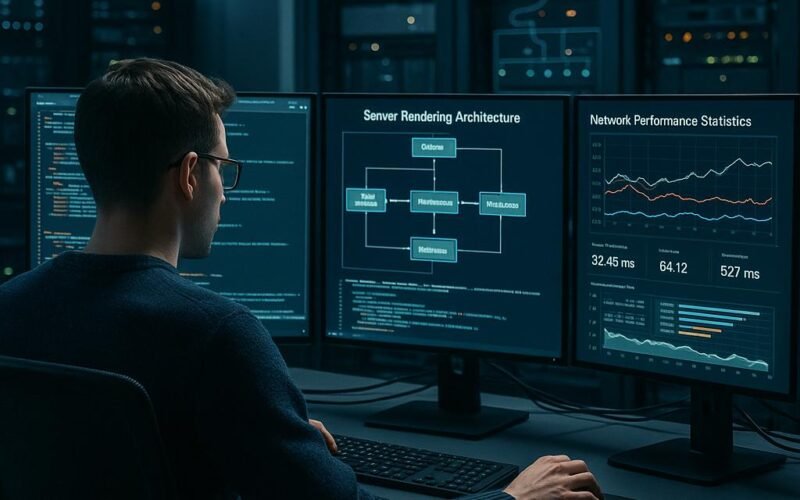 Entwickler in modernem Büro mit großen Monitoren, Serverracks und technischer Infrastruktur