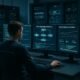 Entwickler in modernem Büro mit großen Monitoren, Serverracks und technischer Infrastruktur