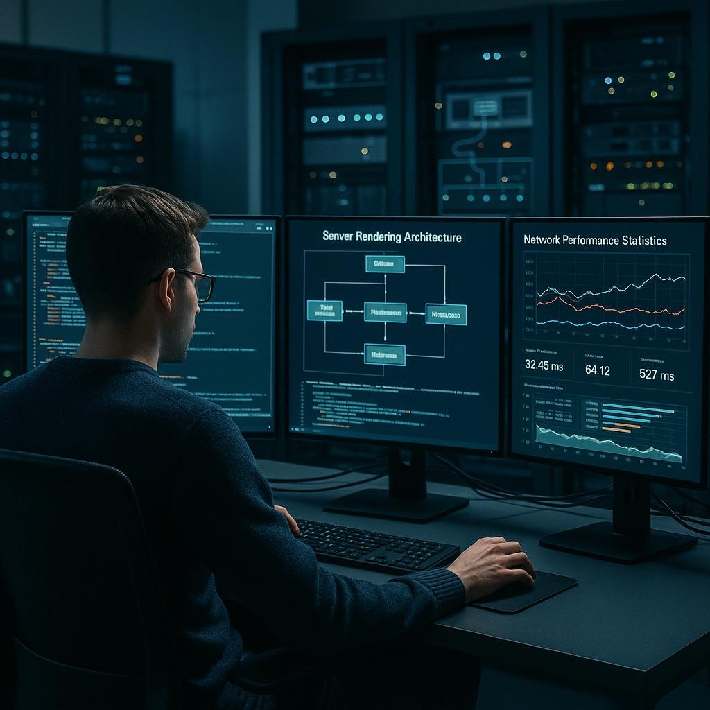 Entwickler in modernem Büro mit großen Monitoren, Serverracks und technischer Infrastruktur