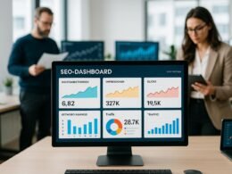 Modernes Business-Bashboard in einem hell erleuchteten Büro mit Monitoren, Graphen und Datenanalysten im Hintergrund