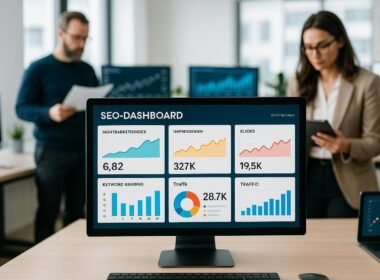 Modernes Business-Bashboard in einem hell erleuchteten Büro mit Monitoren, Graphen und Datenanalysten im Hintergrund