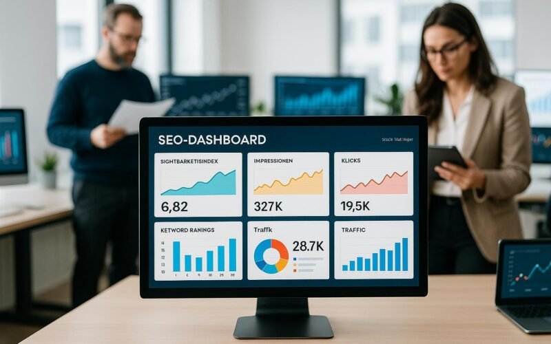 Modernes Business-Bashboard in einem hell erleuchteten Büro mit Monitoren, Graphen und Datenanalysten im Hintergrund
