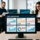 Modernes Business-Bashboard in einem hell erleuchteten Büro mit Monitoren, Graphen und Datenanalysten im Hintergrund