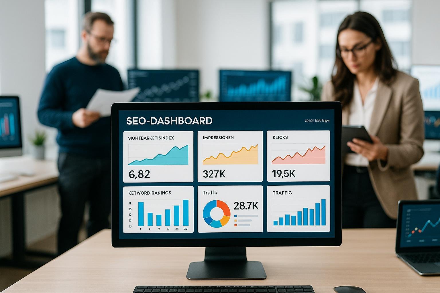 Modernes Business-Bashboard in einem hell erleuchteten Büro mit Monitoren, Graphen und Datenanalysten im Hintergrund