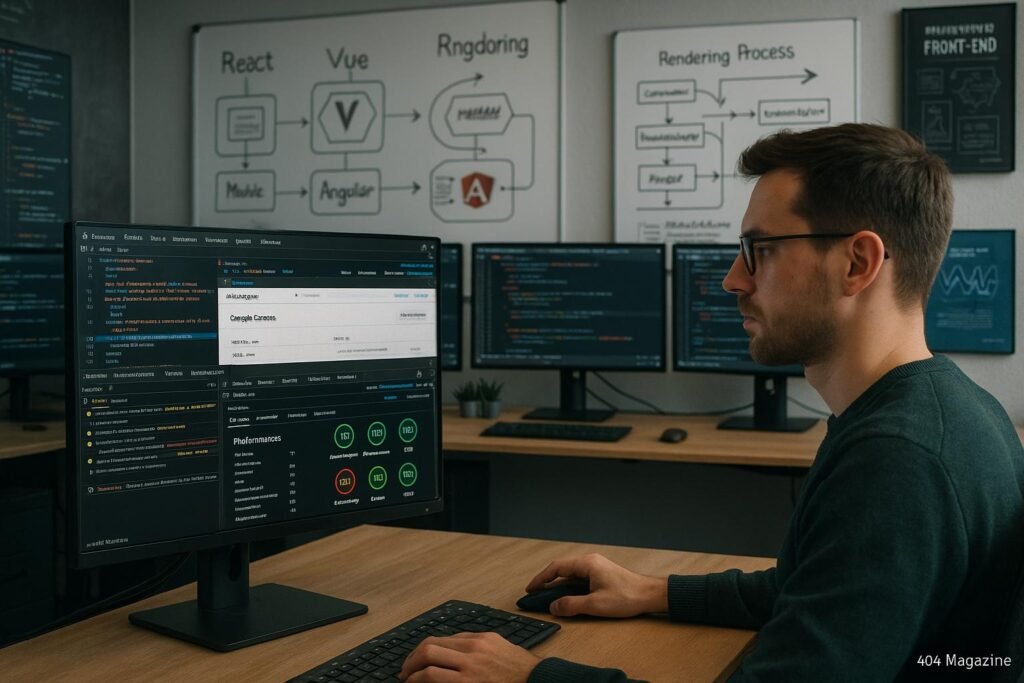 Modernes Entwickler-Büro mit mehreren Monitoren, Code-Snippets, Whiteboards und technischen Postern