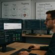 Modernes Entwickler-Büro mit mehreren Monitoren, Code-Snippets, Whiteboards und technischen Postern